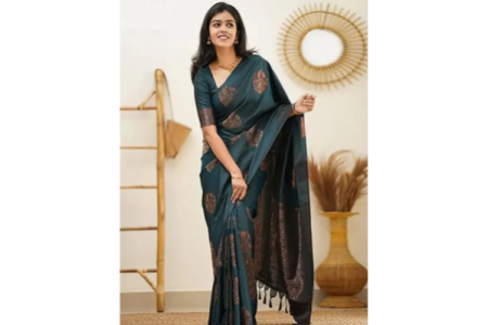 Designer Copper Kanjeevaram Banarasi Silk Jacquard Saree With Unstiched Blouse
