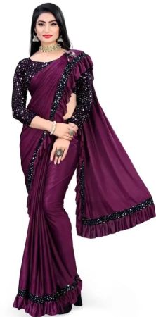 Fancy New Women Silk Lycra Blend Purple Ruffle silk- Saree With Blouse